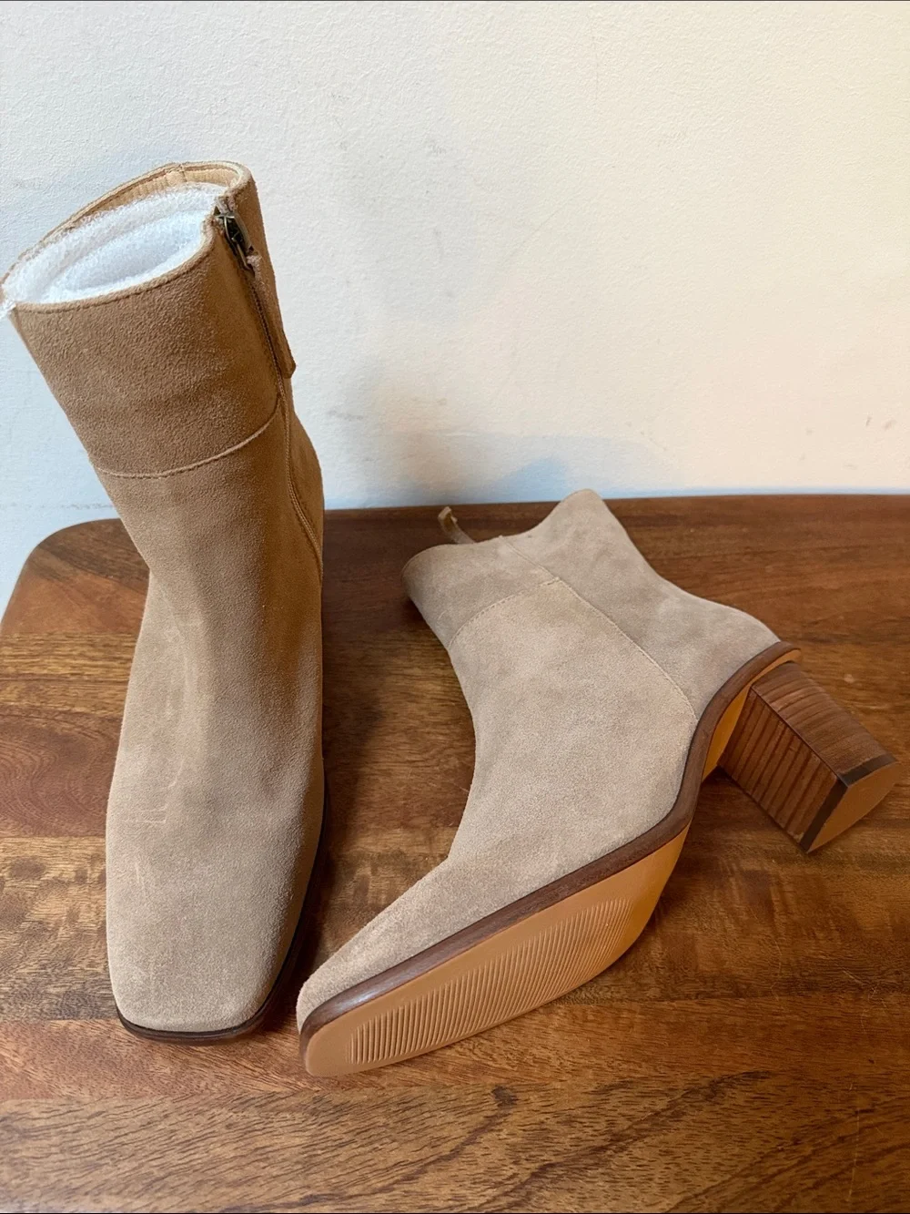 Patina Suede Tan Ankle Booties with Stacked Heel 10.5